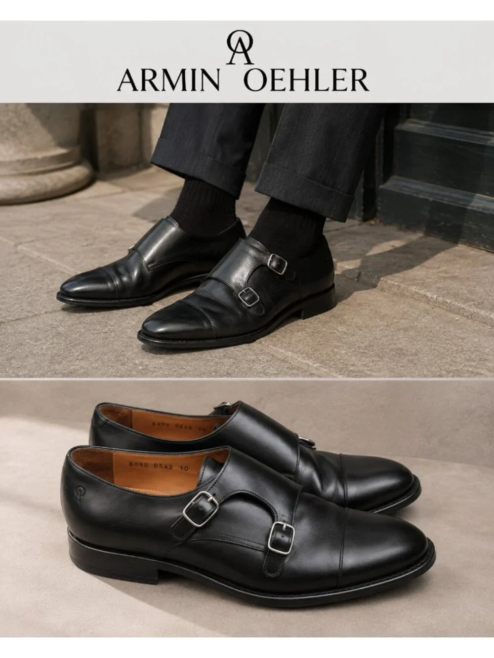 Armin Oehler Men’s Black Leather Double Monk Strap Cap Toe Dress Shoes US 10